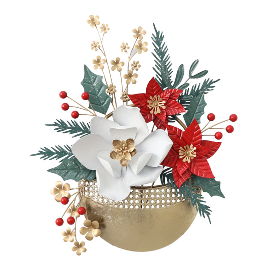 S262 レッド×ゴールドの華やかなフラワーバスケット風アイアン壁飾り｜SAKURADA