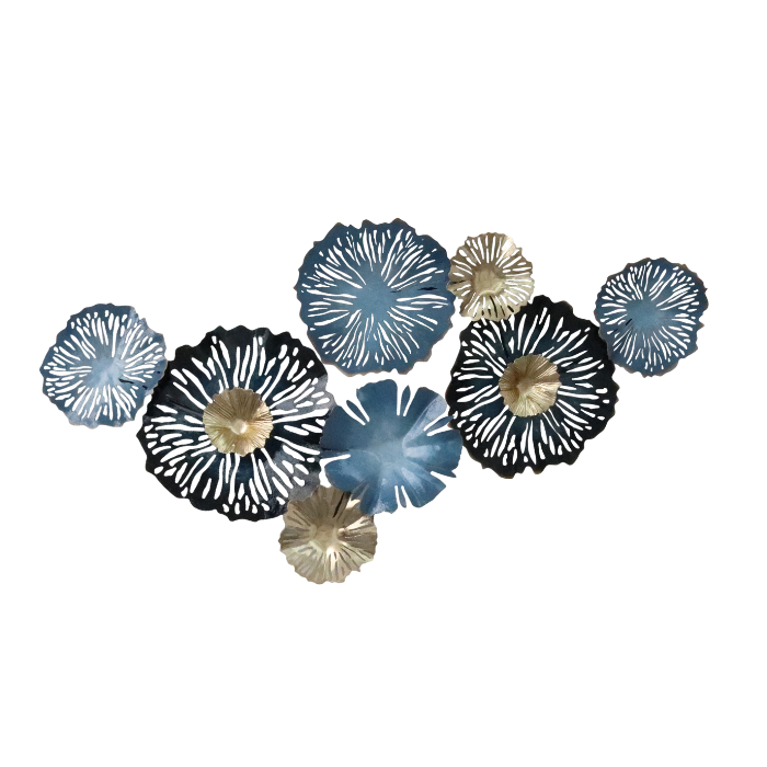 S258 深いブルーと淡いブルーの花が重なるアイアン壁飾り｜花火のように広がる華やかなデザイン【SAKURADA】