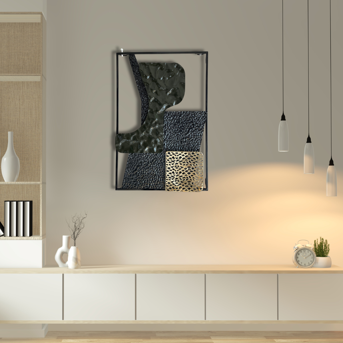 S271｜アイアン壁飾り・深緑×黒×金が映える超個性派モダンアート【SAKURADA】