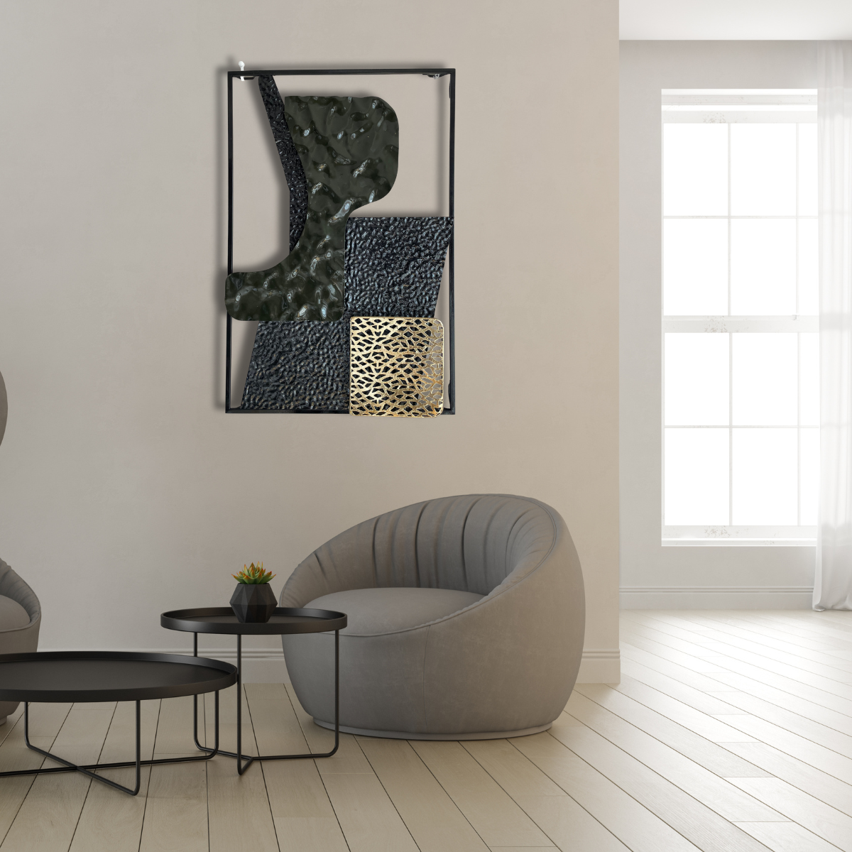 S271｜アイアン壁飾り・深緑×黒×金が映える超個性派モダンアート【SAKURADA】